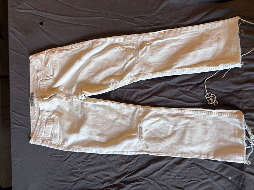 Zara Z1975 Denim Jeans Womens 10 White Distressed Knee Frayed Raw Hem Ankle